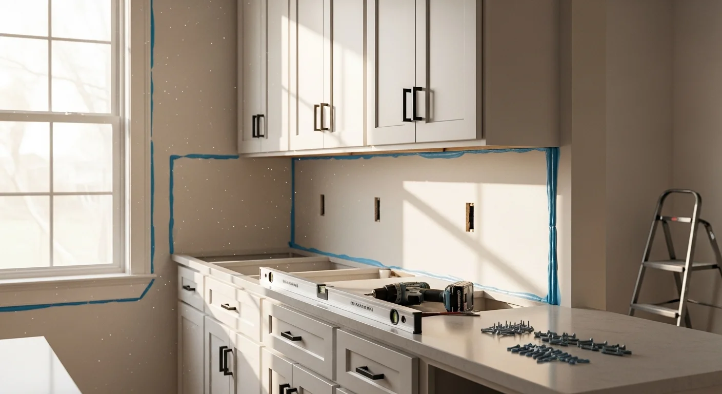 Newly installed white kitchen cabinets with open shelving in a compact Neptune Beach home, showing level alignment and clean lines throughout the kitchen. Base and wall cabinets are fully mounted with hardware in place, reflecting a finished coastal kitchen renovation.