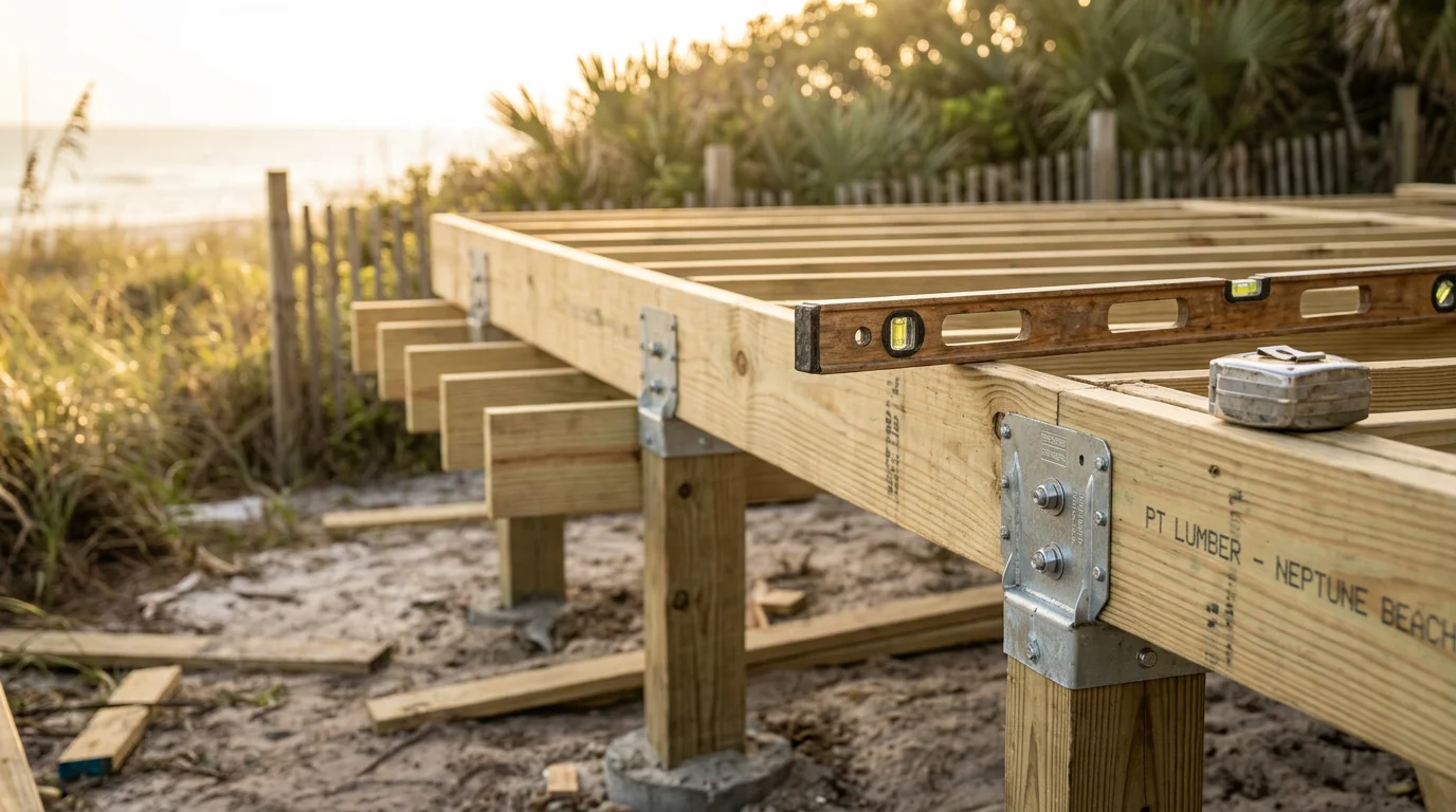 A newly constructed wood deck attached to a coastal home in Neptune Beach, Florida, with open backyard space visible and the structure built close to the Atlantic shoreline environment.