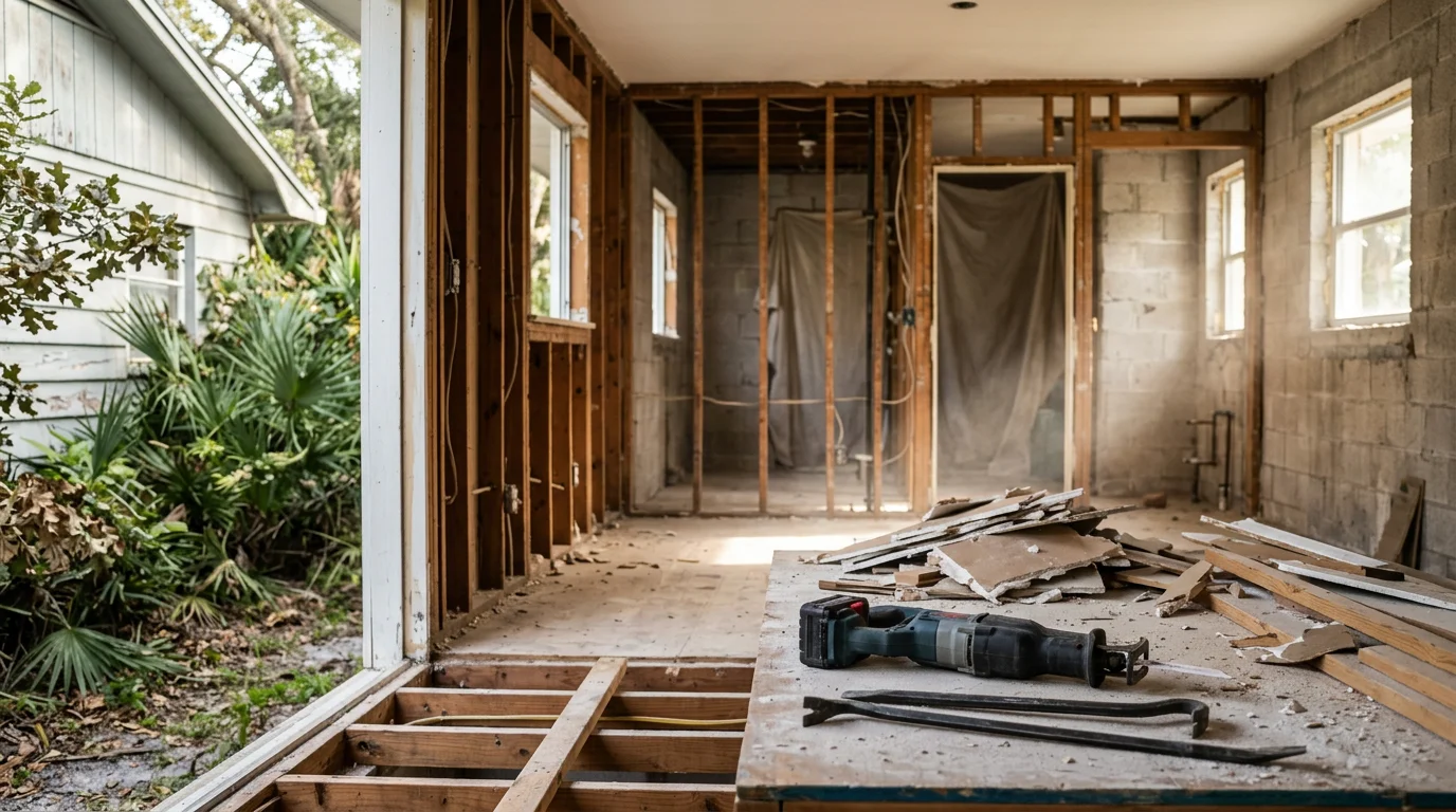 A cleared residential lot in Neptune Beach, Florida after a full structure teardown, with debris removed and the site graded flat. A Team Property Solutions demolition work along the Northeast Florida coast.