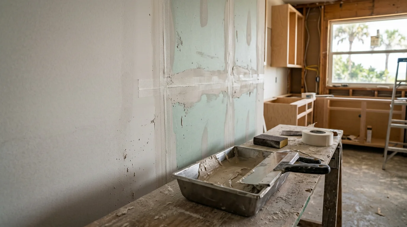 Freshly installed and finished drywall on the interior walls of a residential home in Neptune Beach, Florida. Smooth, taped seams and flat surfaces are visible, ready for paint as part of a kitchen remodel.