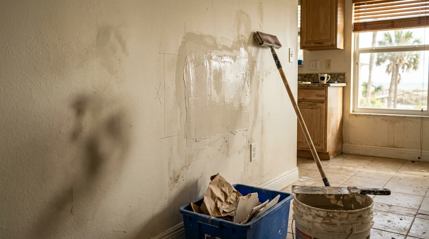 Smooth, freshly repaired interior wall in a Neptune Beach home, with texture blended evenly and surface primed for paint. Close view shows a patched section where a hole or crack has been filled and finished flush with the surrounding drywall.