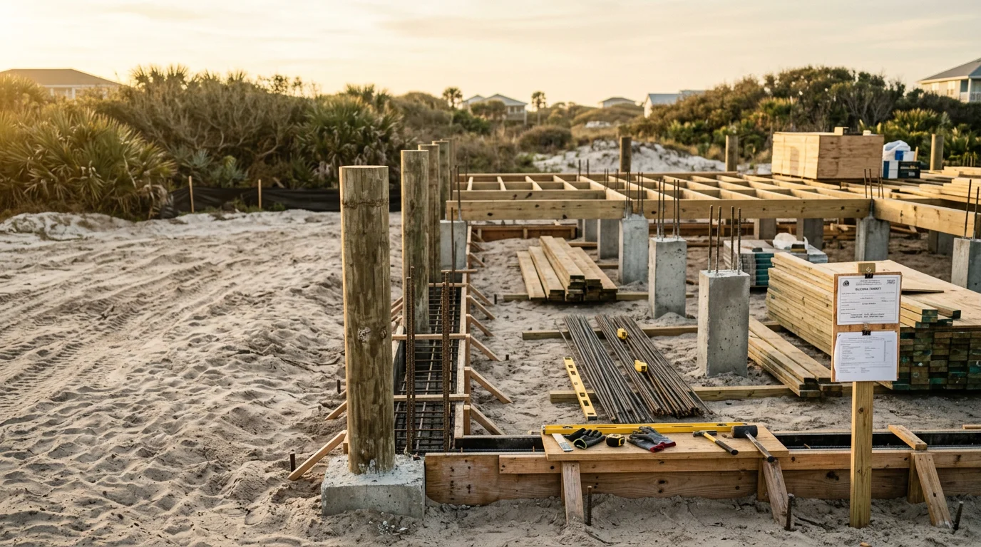A newly constructed coastal home in Neptune Beach, Florida, elevated above grade with a clean exterior designed for salt air and high-wind conditions. The build reflects First Coast residential construction standards along the Atlantic shoreline.