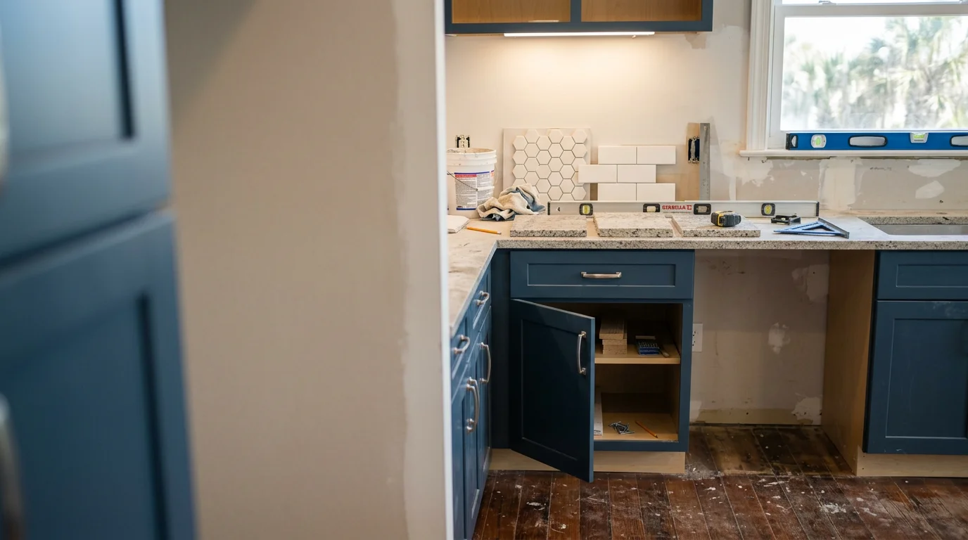 Remodeled kitchen interior in a Neptune Beach home showing updated cabinetry, countertops, and coastal-area finishes. A Team Property Solutions completed the renovation for a Northeast Florida homeowner.