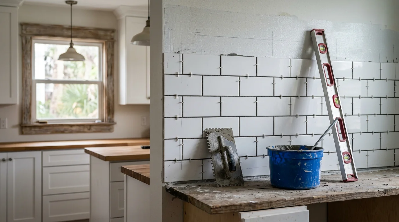 Freshly installed floor tile in a Neptune Beach kitchen with clean grout lines and a coastal-style interior. The tile runs from the entryway through to the kitchen, showing a complete professional installation.